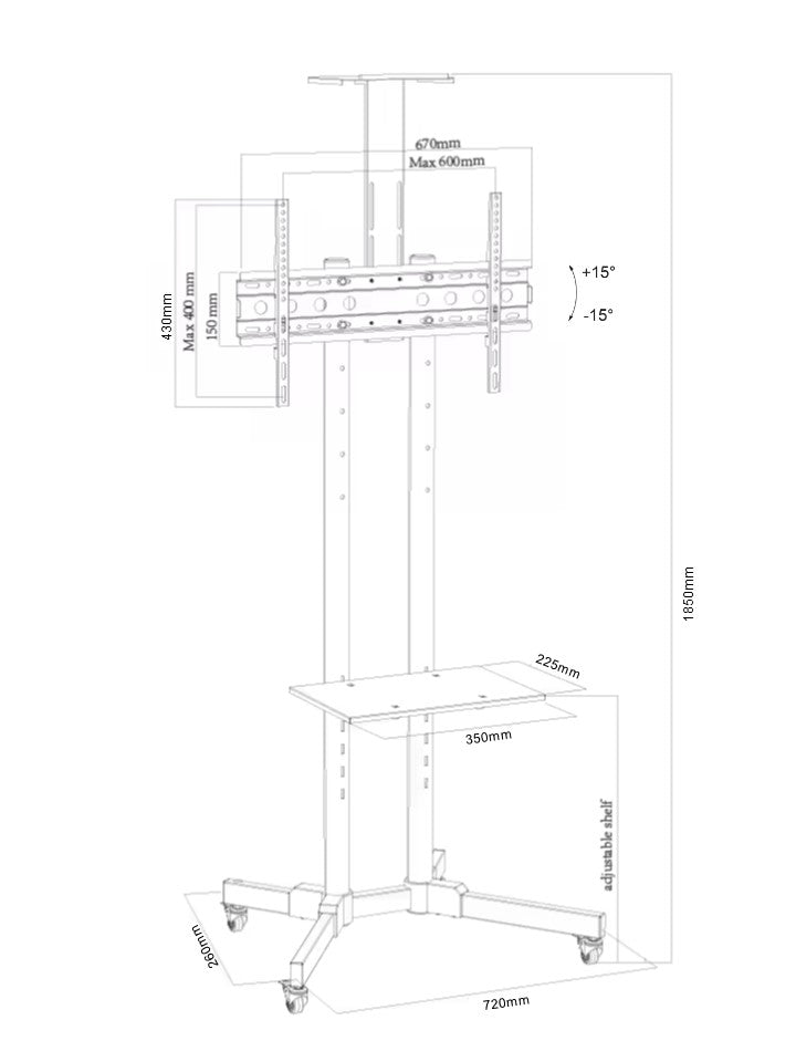 AVL 1600 TV Cart Flexible height adjustable 32" to 70"