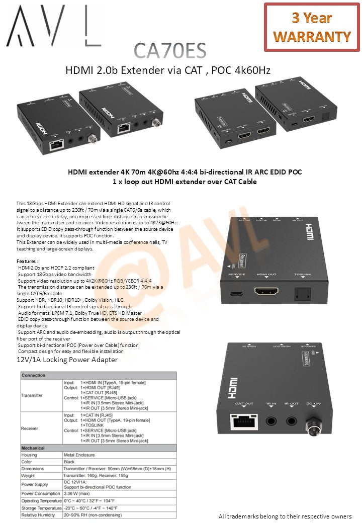 AVL CA70ES 4K60 HDMI Extender (70m) 18Gbps