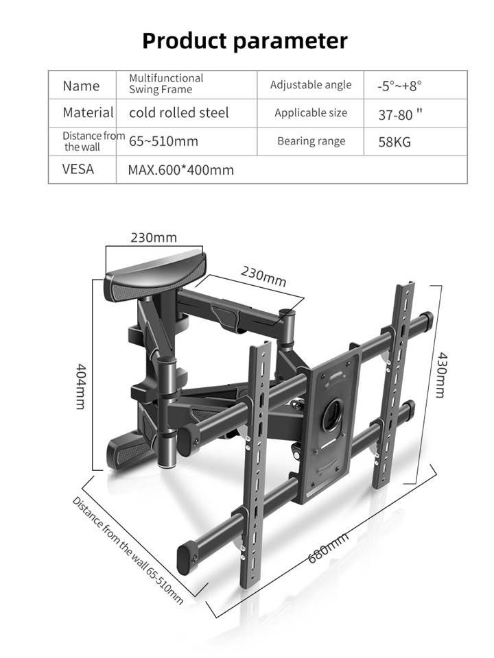 AVL DYQ8 Heavy duty Full Motion Wall Mount TV bracket 37" - 80"