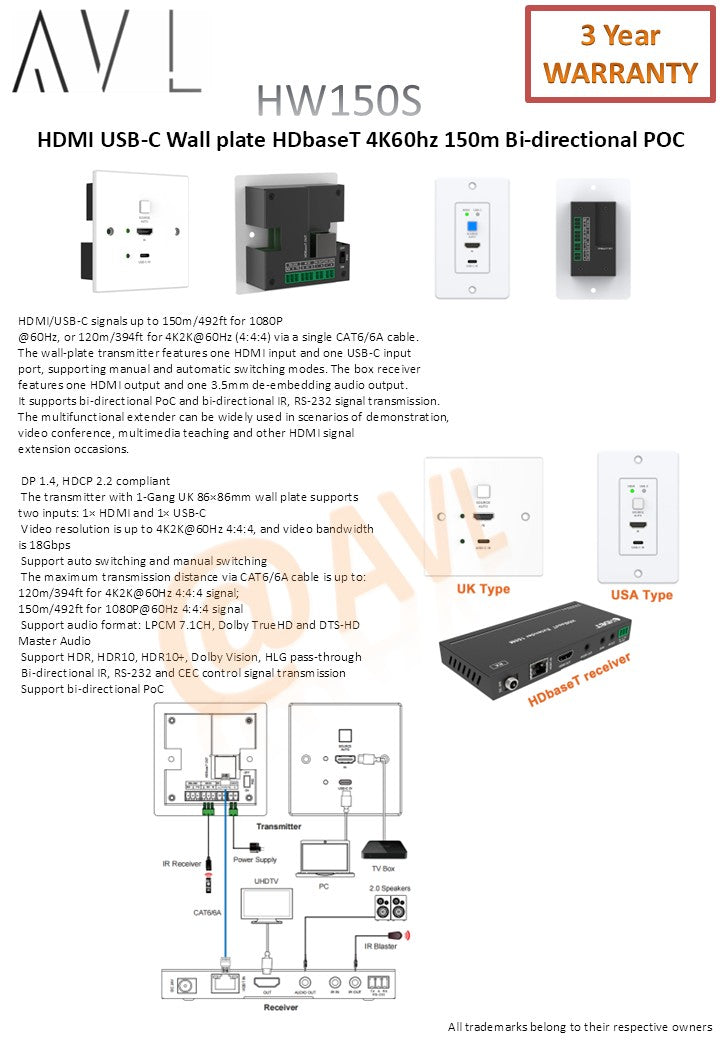 AV L HW150S HDMI USB-C Wall plate HDbaseT 4K60hz 150m POC ( 1 Set with receiver )