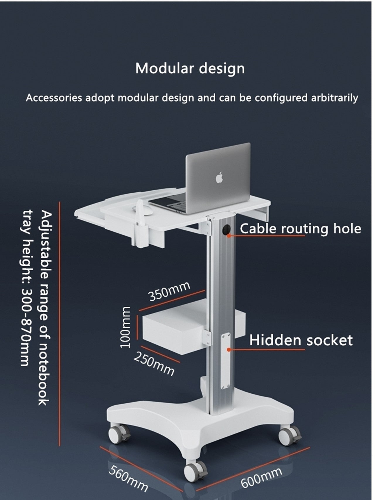 Medical Dental Cart With Oral Scanner Holder for Laptop-Peacemounts PM-OC-3