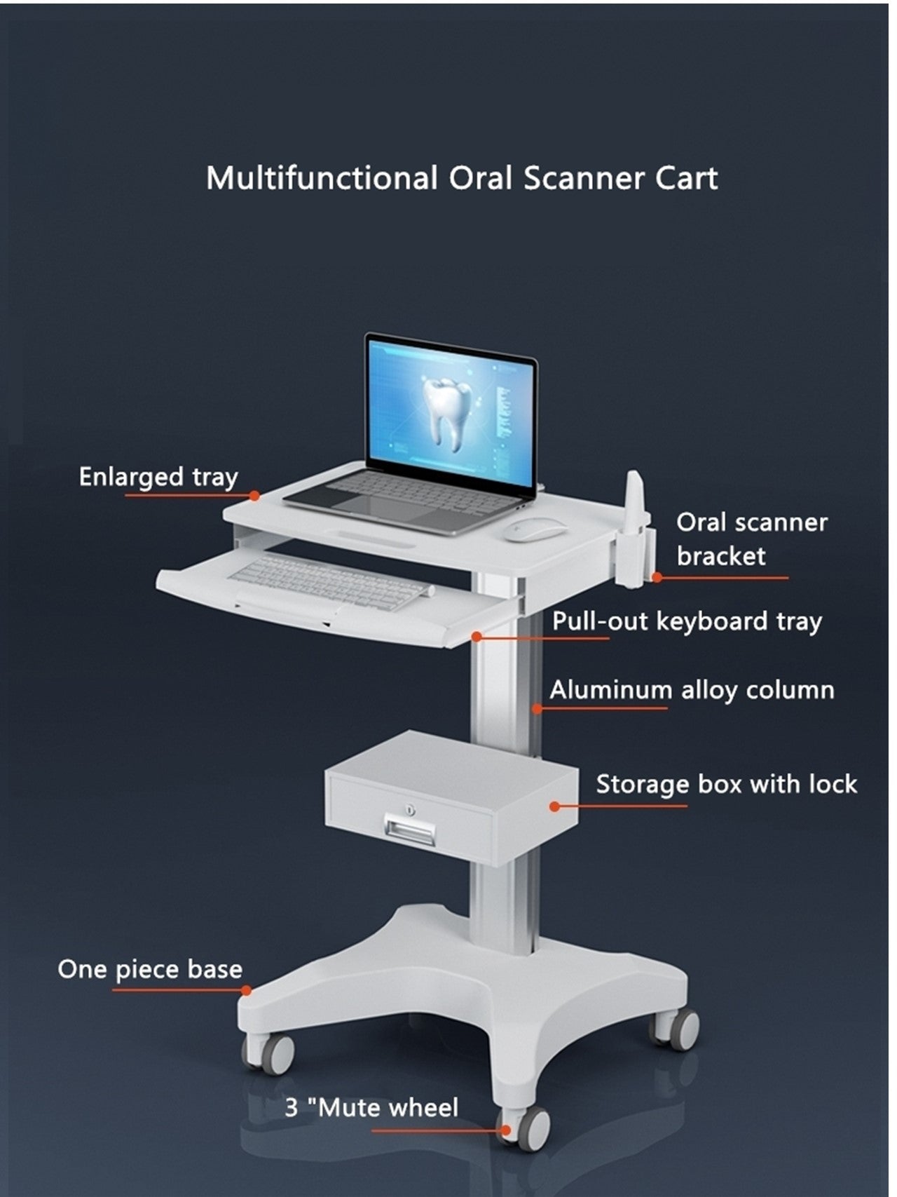 Medical Dental Cart With Oral Scanner Holder for Laptop-Peacemounts PM-OC-3