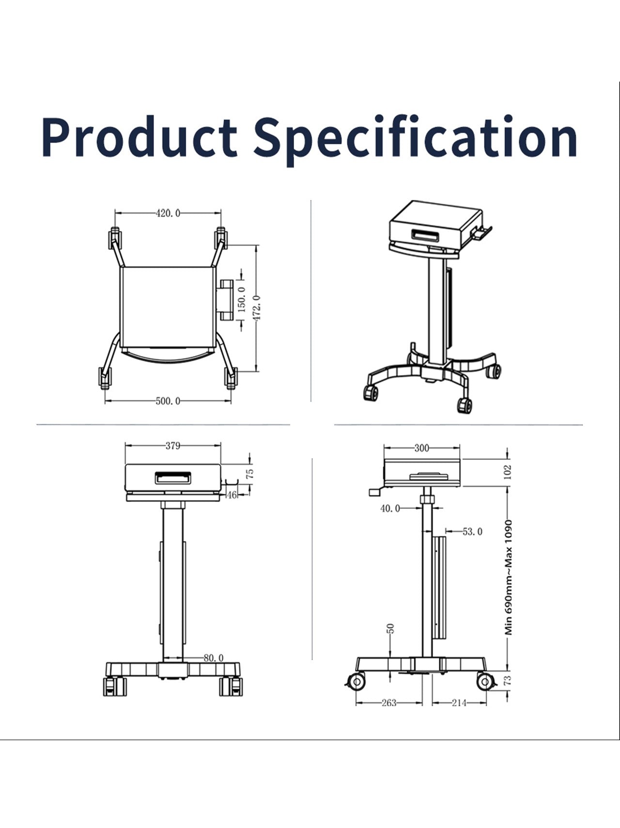 Height Adjustable Medical Trolley Mobile Workstation Laptop Dental Cart With Oral Scanner Holder-MCS-06