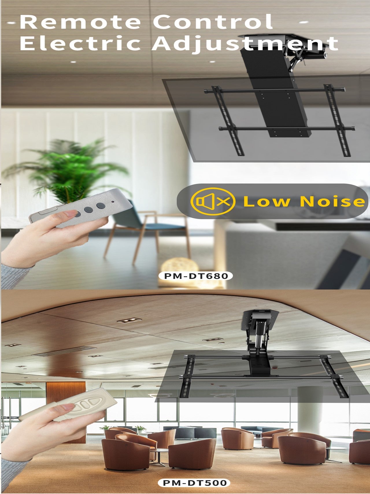 Motorized TV Ceiling Mount Flip Down Remote Control for 50-90inch -Peacemounts PM-DT680