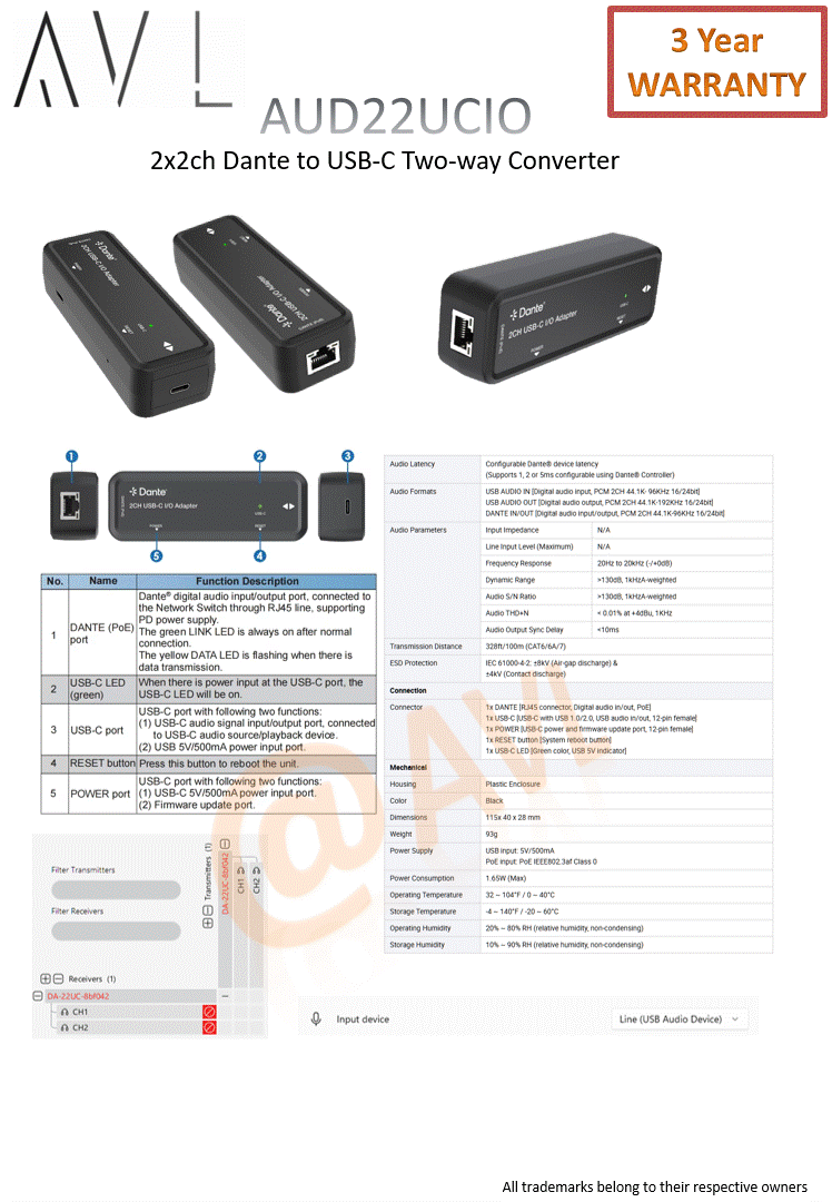 AV L Dante AVIO Dante USB-C Audio I/O Adapter 2CH Bi-Directional Converter ( POE )